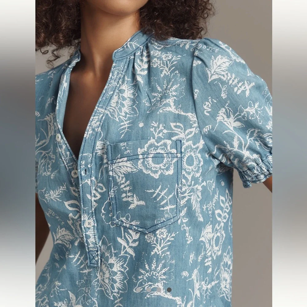 Anthropologie The Aly Puff-Sleeve Blouse by Pilcro Blue White SIZE XS NEW